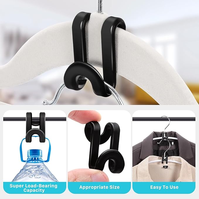 100PCS Clothes Hanger Connector Hooks,Space Saving Extender Hooks for Closet Organizer,Heavy Duty Plastic Hanger Connection Hooks Cascading Hanger Hooks Organizer,Black
