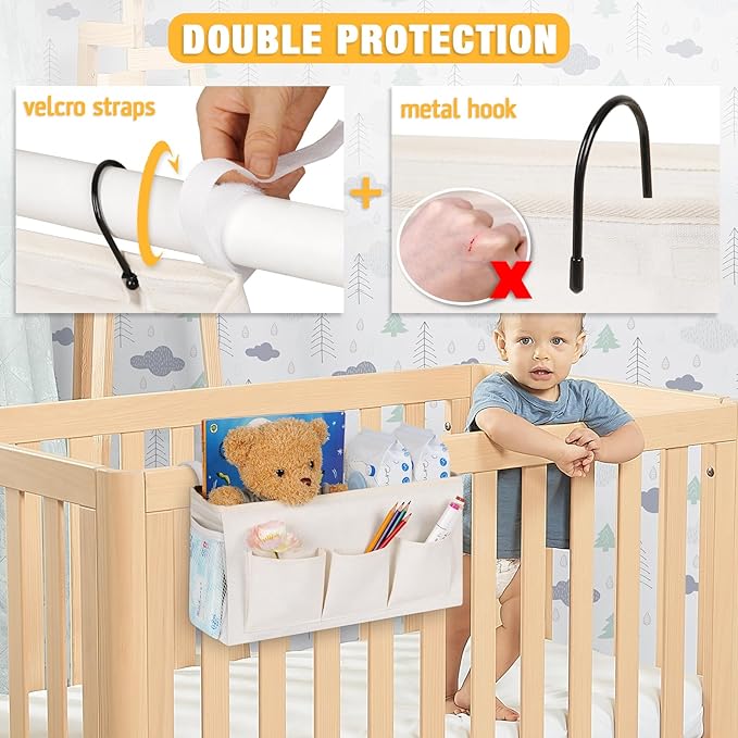 Lilithye Bedside Caddy Organizer with Fixed Straps and Water Bottle Holder for Home, College Dorm, Hospital, Crib and Bunk Bed (2pcs White)