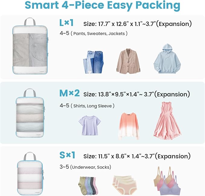 Cambond See Through Mesh Compression Packing Cubes - 4 Piece Expandable Space Saving Packing Cubes for Travel, Lightweight Travel Bags Luggage Packing Organizer Essentials for Suitcases, White