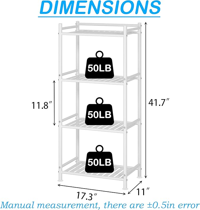 4 Tier Bathroom Storage Open Shelf Unit, Free-Standing Metal Corner Rack Shelving for Kitchen, Living Room, Hallway (White, Wider 4 Tier)
