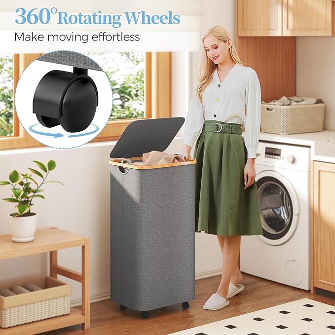 Yecaye 100L Large Capacity Laundry Hamper – Foldable Rolling Laundry Basket, Mobile Clothes Hamper with Wheels, Removable Inner Bag, Bamboo Handle Lid Laundry Bin – Multi-Use Storage,Grey