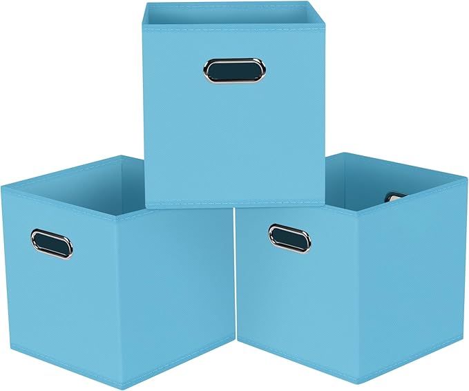Black Foldable Storage Cubes Bins, Fabric Storage Box Cubes Organizer Baskets with Dual Handles for Home Organizer,Set of 3,(Blue)