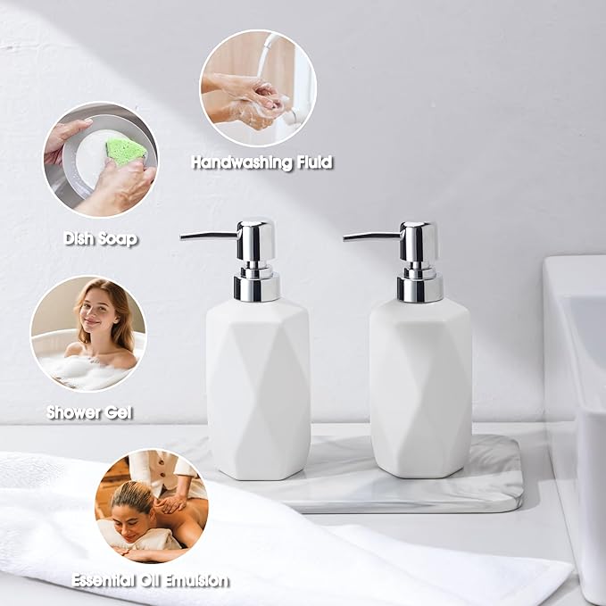 Soap Dispenser, 13.5oz Ceramic Soap Dispenser Bathroom for Kitchen & Bathroom (White)