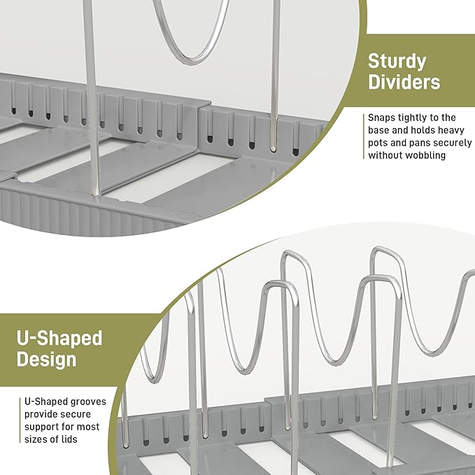 Pots and Pans Organizer for under Cabinet, Pan Pot Organizers inside Cabinet, Expandable Organizer with 12 Adjustable Dividers for Cookie Sheets, Cutting Boards, Pot Lids, Cookware - Pan Rack, Grey