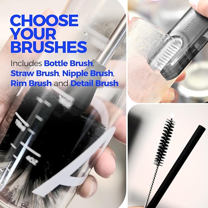 Holikme 6 Pack Bottle Brush Set, 14" Long Handle Stainless Steel Bottle Cleaner Brush, 3 Straw Brushes, 3-in-1 Bottle Cleaning Brush for Water Bottle, Antistatic Lab Brushes, Straws Black