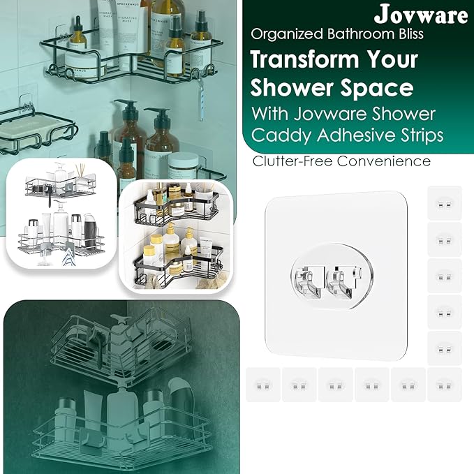 Jovware Shower Caddy Adhesive - 12 Pack Wire Hooks, Strong Self-Adhesive Shelf for Bathroom, Kitchen Sink, Wall Mount