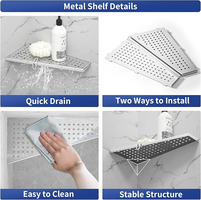 Bernkot Corner Shower Shelf, 12" Trapezoid Grout in Shelf, 304 Stainless Steel Grid Design Recessed Bathroom Shelf for Tiled Wall