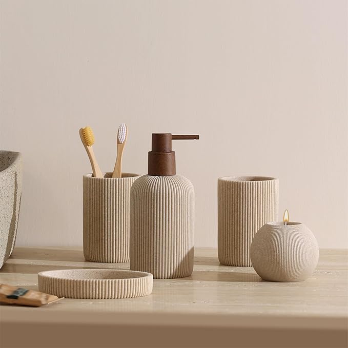 Bathroom Accessories Set, 5 PCS Sandstone Look Stripe Modern Bath Organizer with Soap Dispenser, Toothbrush Holder, Tumbler, Soap Dish, Candle Holder for Countertop Kitchen Sink (Beige)