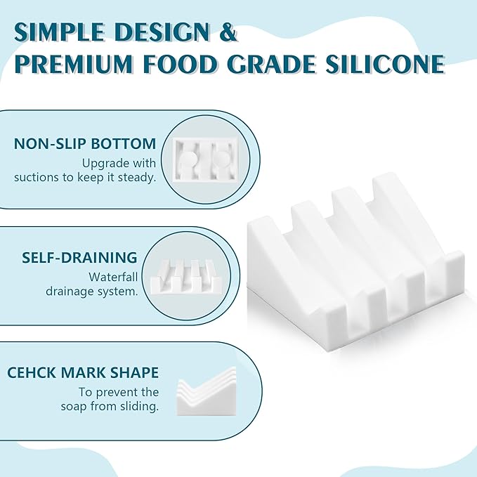 Self Draining Soap Dish,Silicone Suction Cup Soap Holder, Bathroom Soap Dish for Bar Soap,Can Extend Soap Life,Bathroom, Bath Tub, Kitchen Sink White - 4 Pack