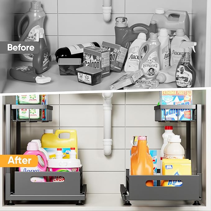 Under Sink Organizer Storage 2-Tier Premium Metal Pull-Out Kitchen Cabinet Organizer with Sliding Drawer, Height Adjustable, Heavy Duty for Kitchen & Bathroom Organizers 2 Pack Black