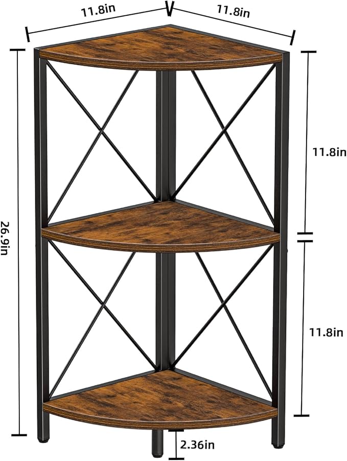 Snughome Corner Shelf with Metal Frame, 3 Tier Rustic Corner Storage Organizer, Freestanding Corner Bookshelf Stand Display Rack for Kitchen, Living Room