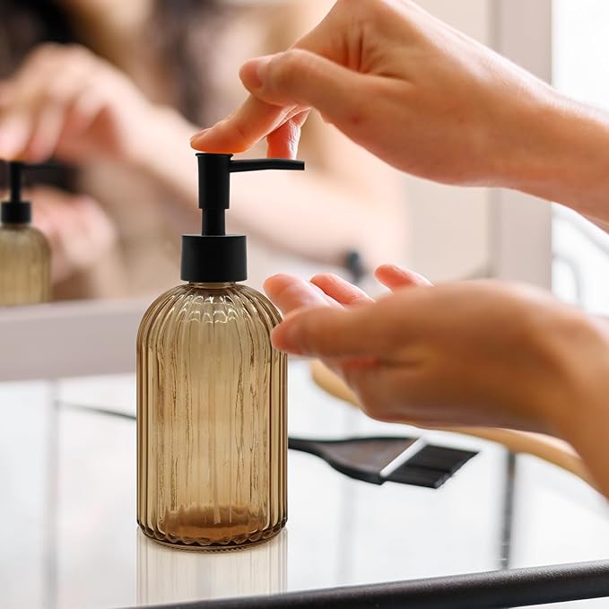 2 Pack 14oz Amber Glass Soap Dispenser with Black Pump – Refillable for Hand Soap, Dish Soap, Lotion, Suited for Kitchen, Bathroom & Laundry Room (Brown)