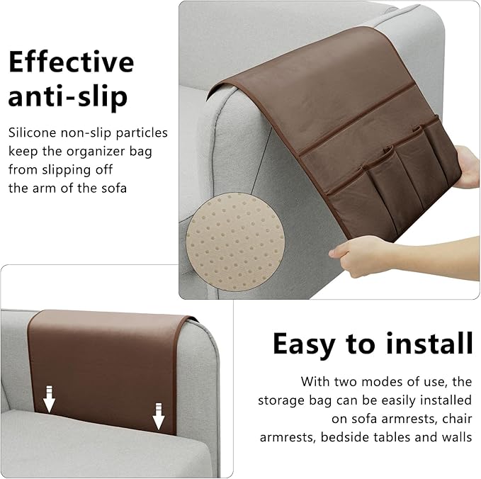 WETRBWEH TV Remote Control Holder Couch Caddy, Non-slip Bedside Caddy Organizer with 5 Pockets for Key Glasses Phone Magazine Holders (Brown, 35''x18'')