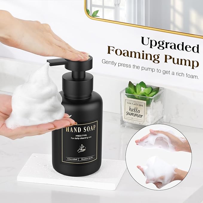 Luxspire Foaming Soap Dispenser, Glass Foam Pump Soap Dispenser, Non-Slip Silicone Sleeve & 5 Waterproof Labels, 15 Oz Refillable Liquid Bottle for Bathroom & Kitchen, Black+White, 2 Pack
