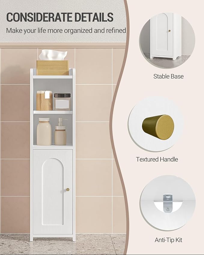 Bathroom Storage Cabinet, Small Corner Floor Cabinet with Doors and Adjustable Shelf, Narrow Toilet Paper Cabinets, Bathroom Organizer for Small Spaces, White BC19703X