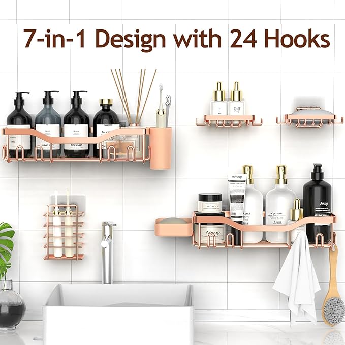 Shower Caddy Adhesive Shower Organizer 7-Pack, Rustproof Stainless Steel Bathroom Shelves, Large Capacity No-Drill Rack Storage Accessories with Soap Dish Toothbrush Holder Hooks