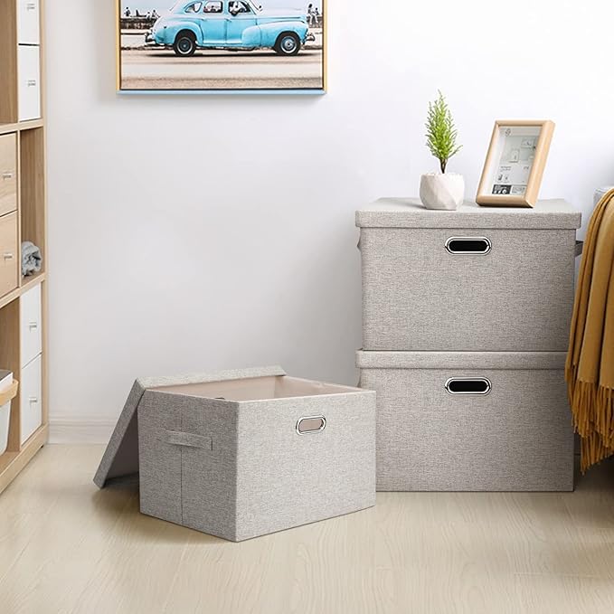 Graciadeco Large 17" 36 Quart Collapsible Stackable Storage Bins with Lids, 5 Packs Beige Linen Fabric Closet Boxes with Lids, Storage Cube Baskets Container Organizers for Bedroom Office(17 x12 x11)