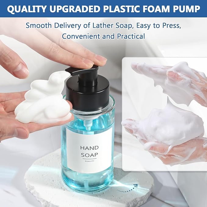 Foaming Soap Dispenser, 10 oz/300ml Foaming Hand Soap Dispenser, 2 Pack Glass Foaming Soap Dispenser for Bathroom & Kitchen, Clear Refillable Foam Soap Dispenser Bottle with Waterproof Labels