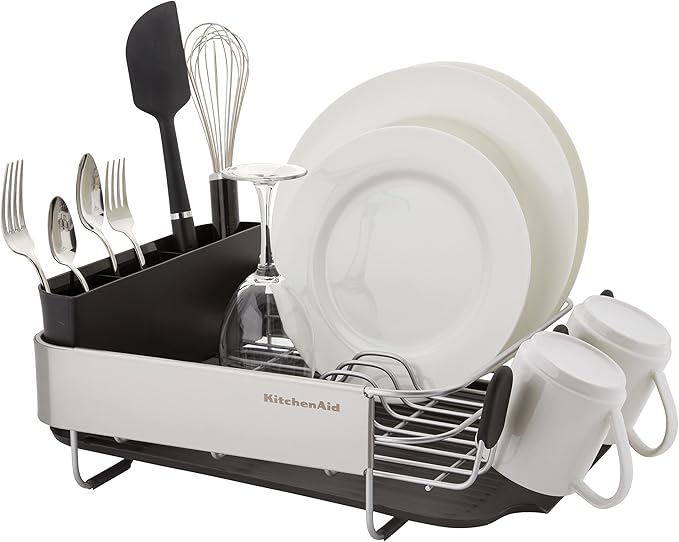 KitchenAid Compact, Space Saving Rust Resistant Dish Rack with Removable Flatware Caddy and Angled Self Draining Drainboard, 16.06-Inch, Black
