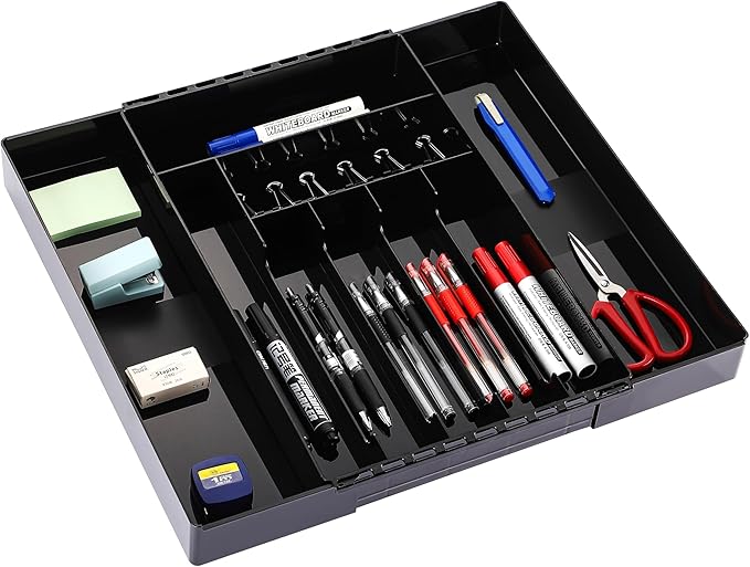 IEEK Kitchen Drawer Organizer for Cutlery and Utensils,Adjustable Silverware Drawer Organizer Tray,Kitchen Storage Divider for Spatula Tools,Gadgets,Forks,Knives,Spoons and Chopsticks,Black-L