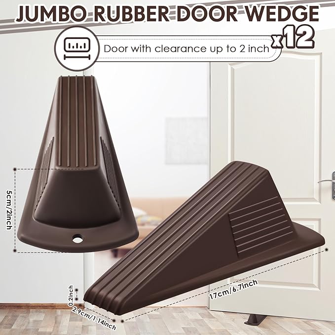 Frienda 12 Pcs Jumbo Door Stoppers Heavy Duty Door Stopper Tall up to 2inch Tall Wedge TPR Large Wedge Stackable Big Rubber Doorstop for Hotel Carpet Hardwood Concrete and Tile (Coffee)