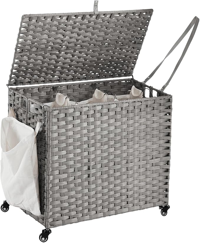 Laundry Hamper with Wheels, 34.3 Gallon(130L) Rolling Laundry Basket with Lid, 3-Section Rattan Clothes Hamper with 3 Removable Liner & 3 Mesh Bags, Laundry Sorter with Side Pocket, Grey