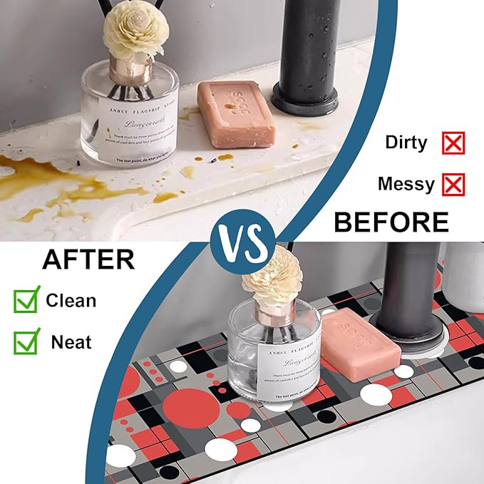 Abstract Geometric Sink Splash Guard Faucet Mat Vintage Tile Super Absorbent Fast Drying Mat Sink Gadgets-Splash Guard Behind Faucet Drip Catcher for Kitchen Bathroom, 23.5"x5.5"