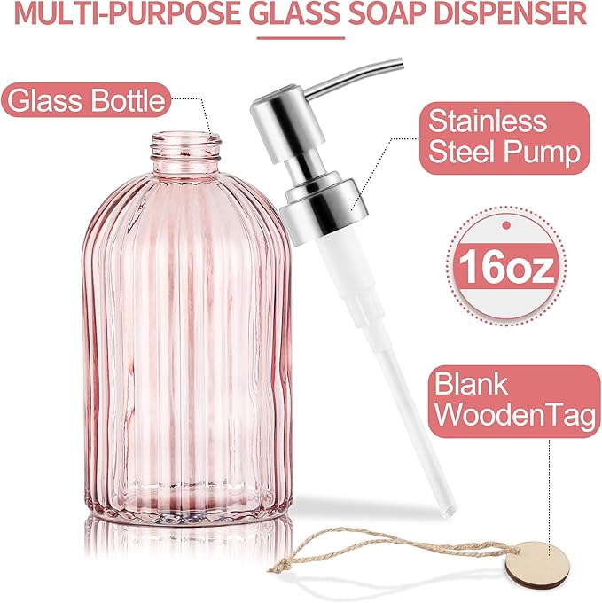 16OZ Fashion Stripe Clear Glass Refillable Soap Dispenser with 304 Stainless Steel Pump Premium Soap Dispenser， for Kitchen, Bathroom, Hand Sanitizer, Liquid Soap, Lotion, etc. (Clear Pink)
