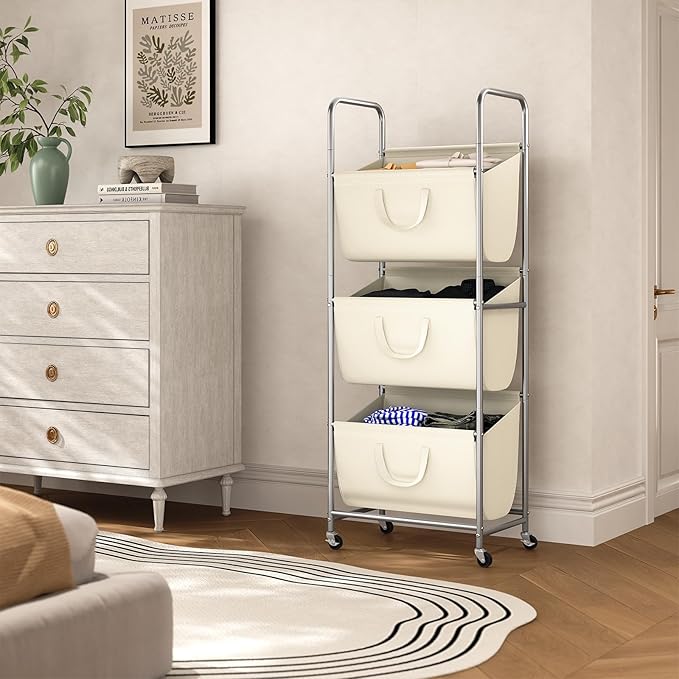 ELYKEN 120L Vertical Rolling Laundry Hamper with Removable Bags, 3 Section Laundry Baskets with Wheels, Space-Saving 3 Tier Laundry Sorter for Small Spaces, Dorm, Bedroom, Bathroom, Laundry Room
