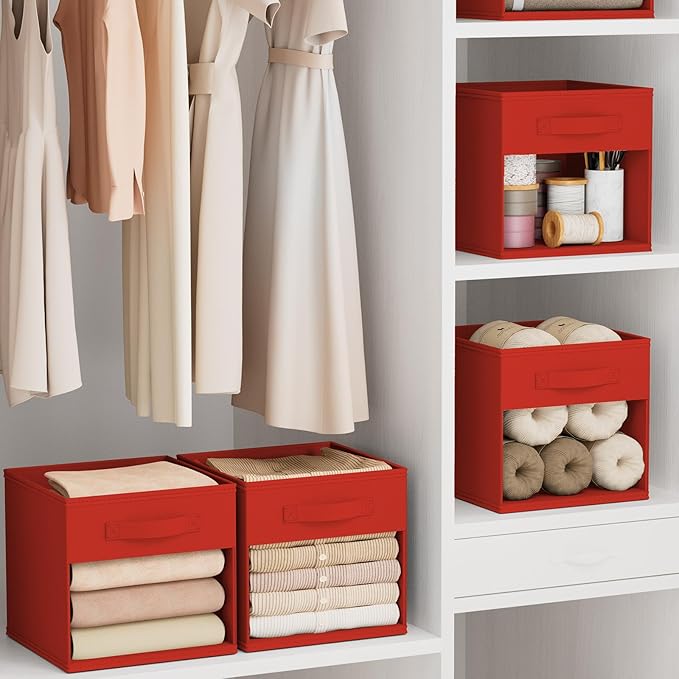 DIMJ Cube Bins, 12.2-Inch Storage Bins Cubes with Window, 6 Packs Collapsible Storage Bins with Handles, Closet Storage Baskets for Organizing Living Room, Office, 6 Pack,Red