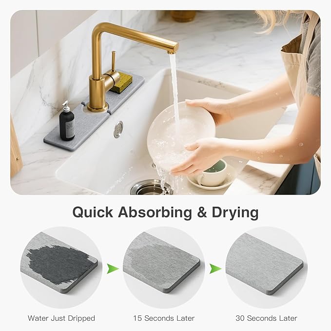 15.8" x 4" Stone Faucet Mat for Kitchen Sink, Quick Drying Diatomite Sink Tray, Faucet Sink Splash Guard for Prevents Moisture Buildup (Light Gray)
