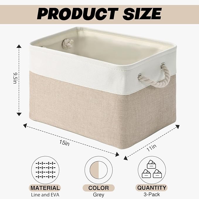 Storage Bins 3 Pack, Fabric Storage Basket for Collapsible Medium Canvas Storage Baskets for Organizing Shelf Nursery Home Closet with Cotton Rope Handle 15(L) x 11(W) x 9.5(H) inch(White&Khaki-3PCS)