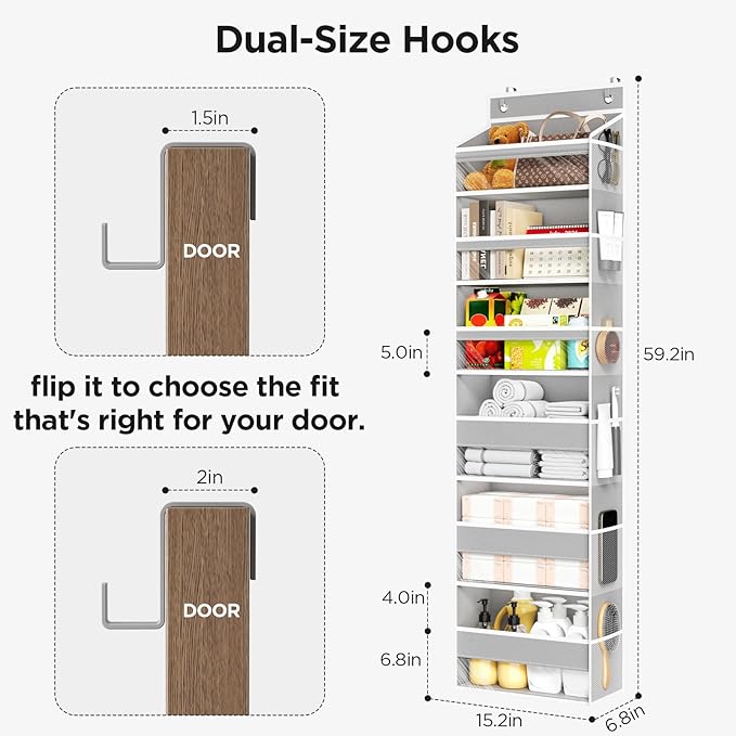 Over The Door Organizer, 6 Shelf Door Hanging Organizers with 6 Large Capacity Pockets, Behind Door Storage Hanging Shelves for Closet Wall Bathroom Bedroom Nursery