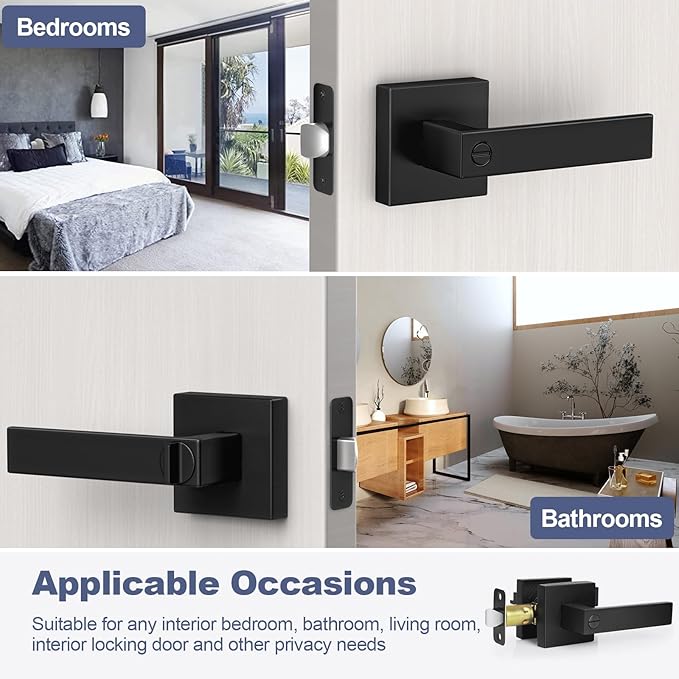 Estmoon Privacy Door Lock, 10 Pack Matte Black Keyless Door Handles Interior Heavy Duty Bed and Bath Door Lever Set, Reversible for Left/Right Handed Doors