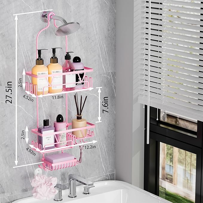 Hanging Shower Caddy Over Shower Head, Anti-Swing Shower Organizer For Inside Shower With 2 Soap Holders, Multi Hooks, Rustproof Bathroom Accessories, Pink