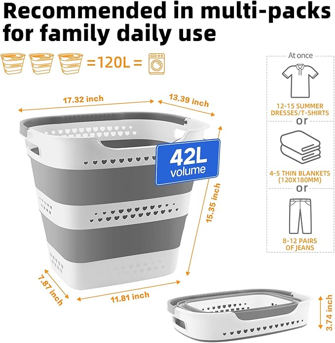 2 Pcs 42L Medium Collapsible Plastic Laundry Basket with Handles, Foldable Laundry Basket Hamper, Pop Up Storage Container Organizer for Washing Storage (Gery, 17 Inch * 13 Inch * 15 Inch)