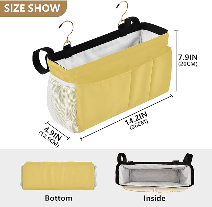 KOPIRIT Lemon Yellow Bedside Caddy Storage Bag Bedside Organizer for Dorm Room Top Bunk Bed Hanging Bag Bedside Shelf 6 Pockets with Hooks for Glasses Book Tablet Holder