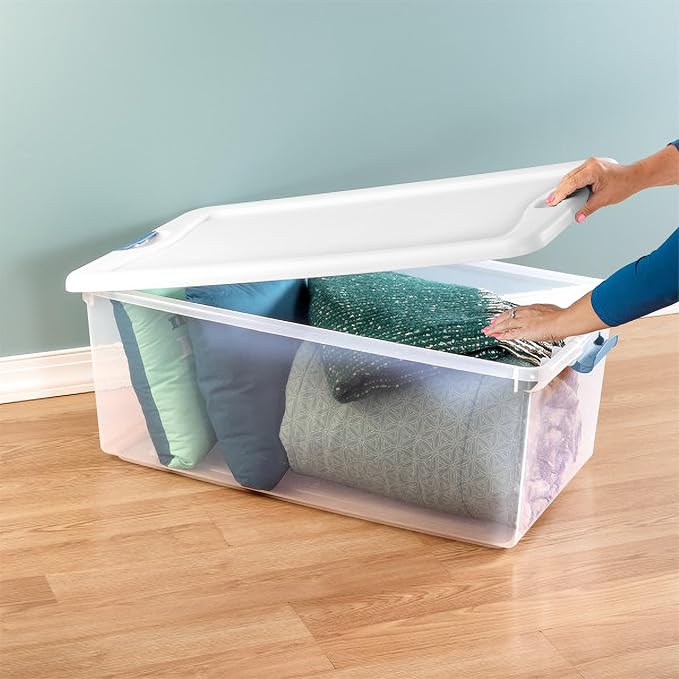 Sterilite 4-Pack Latching Box, Under Bed Storage Bins with Lids, Clear Plastic, 106 Quart - Heavy-Duty Organizing Containers for Closet, Bathroom, and Office