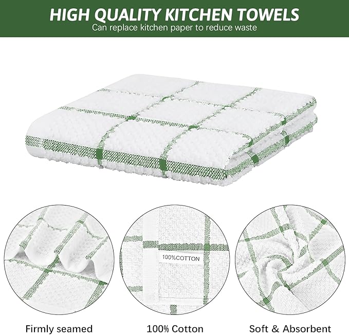 Nialnant 8 Pack Dish Cloths for Washing Dishes, 100% Cotton Reusable Cleaning Rag, Quick Drying Dish Towels for Kitchen,12x12 Inches,Green Plaid