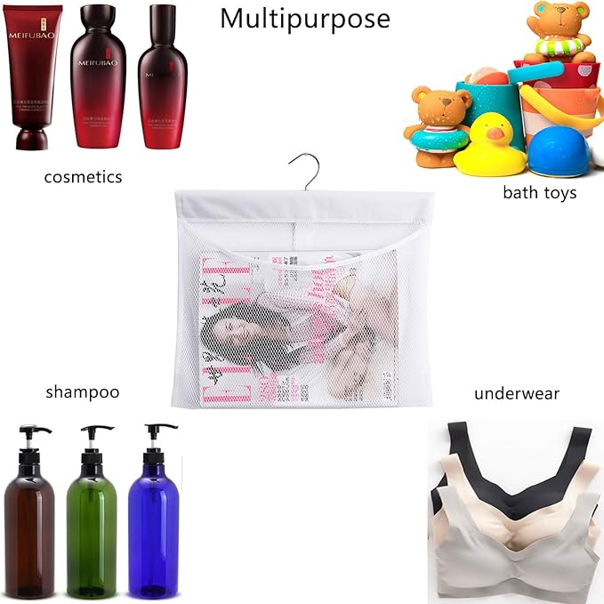 ALYER Hanging Mesh Shower Pockets for 34oz/1000ml Shampoo and Conditioner,Colorful Bath Toy organizer,Hanging Tandem Type Closet Accessories Storage Bag,White