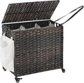 Laundry Hamper with Wheels, 34.3 Gallon(130L) Rolling Laundry Basket with Lid, 3-Section Rattan Clothes Hamper with 3 Removable Liner & 3 Mesh Bags, Laundry Sorter with Side Pocket, Brown