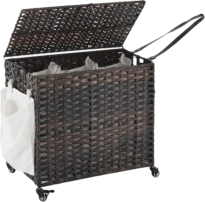 Laundry Hamper with Wheels, 34.3 Gallon(130L) Rolling Laundry Basket with Lid, 3-Section Rattan Clothes Hamper with 3 Removable Liner & 3 Mesh Bags, Laundry Sorter with Side Pocket, Brown