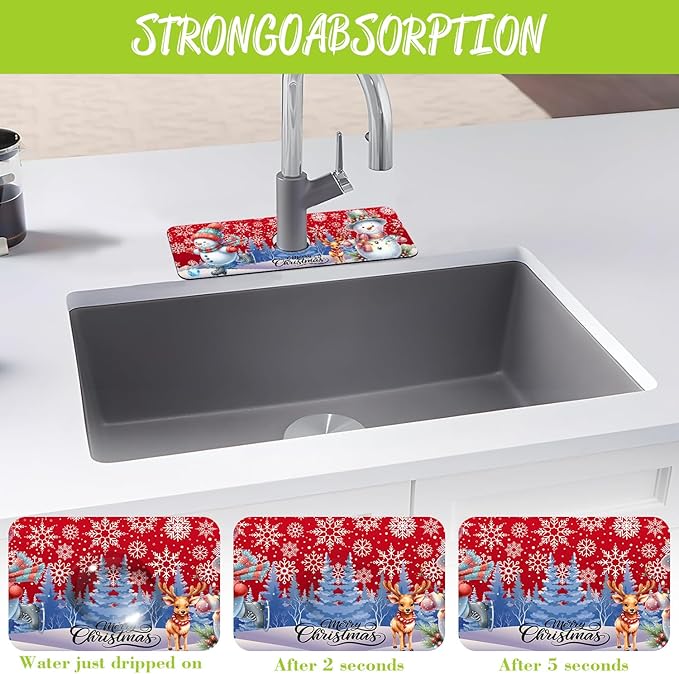 Chrismas Sink Splash Guard Faucet Mat Christmas Absorbent Fast Drying Mat Sink Gadgets Splash Guard Behind Faucet Drip Catcher for Kitchen Bathroom 15.5"X5.5"