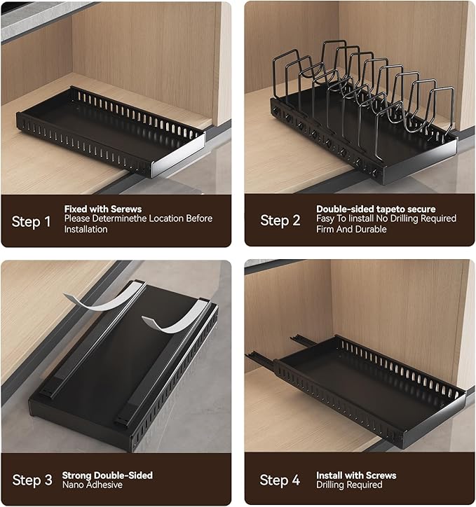 2PCS Black Pot Lid Organizer, Pull-out Pots and Pans Organizer, Under Cabinet Pot Lid Holder for Kitchen, Sliding type Pots and Pans Storage with 16 Adjustable Dividers for Cabinet Pantry Countertop