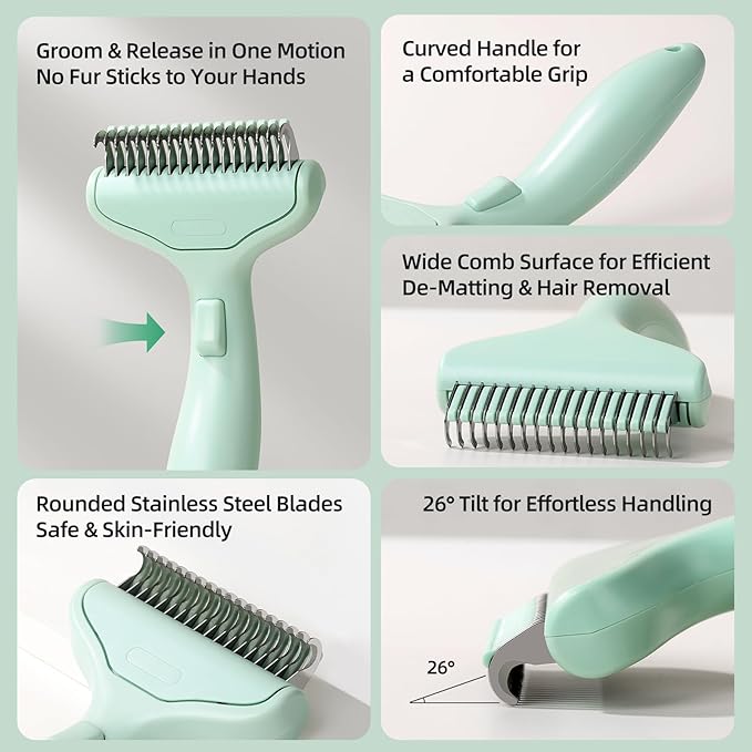 Pet Grooming Combo Tool for Cats and Dogs, Deshedding and Dematting Rake with Metal Comb forDetangling Long, Matted Fur (Green)