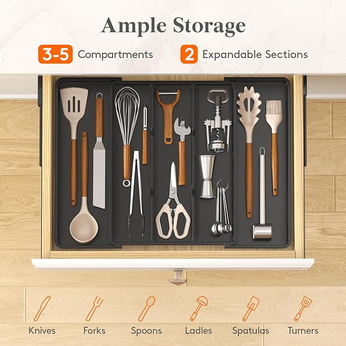 Lifewit Utensil Organizer for Kitchen Drawers, Expandable Cooking Utensil Tray, Adjustable Cutlery Silverware Flatware Holder, Plastic Spatula Tools Storage Divider, Black, 12.9"-22.8" x 16.5"