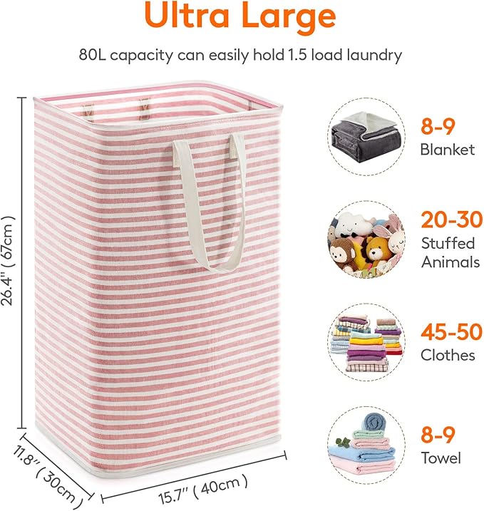 Lifewit 1 Pack Laundry Hamper Large Collapsible Laundry Baskets, Freestanding Waterproof Clothes Hamper with Easy Carry Handles in Laundry Room Bedroom Bathroom College Dorm, Pink, 80L