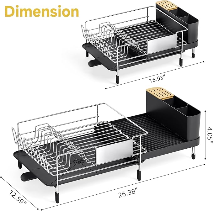Large Dish Drying Rack - 304 Stainless Steel Dish Rack for Kitchen Counter, Extendable Dish Drainers with Cutlery & Cup Holders, Black