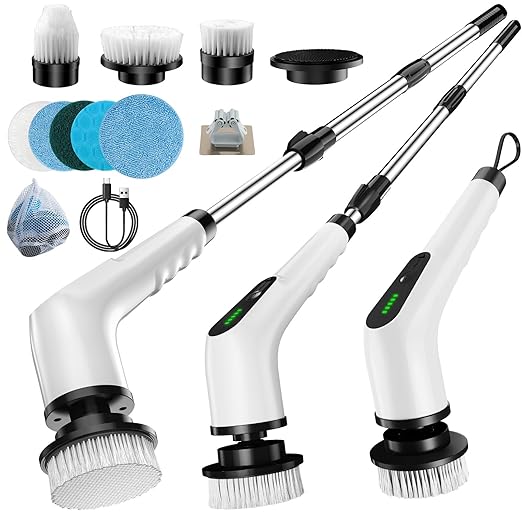 Homlab Electric Spin Scrubber, Cordless Cleaning Brush with 8 Replaceable Brush Heads, Shower Scrubber with Adjustable Extension Handle, Waterproof Power Scrubber for Bathroom Tile Floor Tub Car Walls