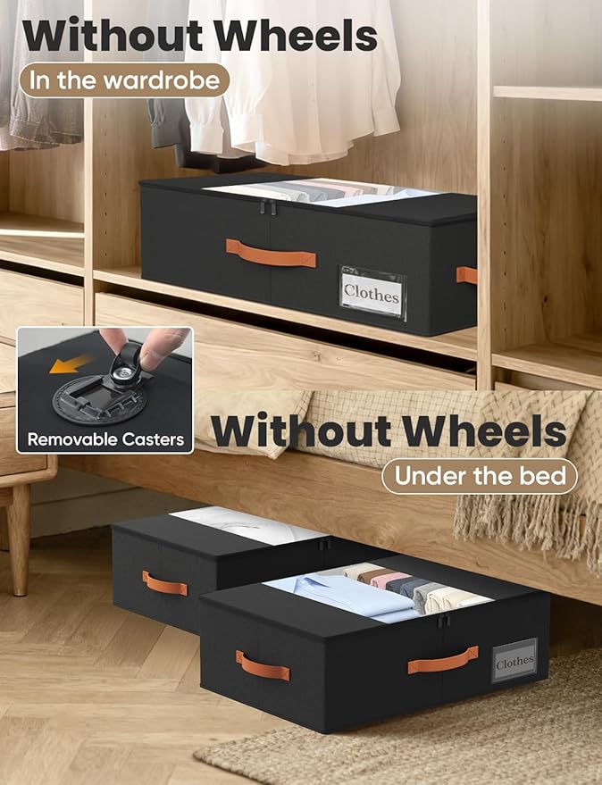 TOSKING 2-Pack Under Bed Storage with Wheels and 4 Vacuum Seal Bags,7.9 Inch 47L Clear Lid Organizer, Space Saving for Bedding Blankets Clothes ShoesToys, Quick Assembly, Black